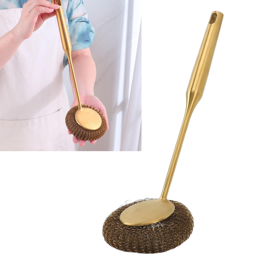 Long Handle Steel Wool Scrubber Deep Clean Rustproof Stainless Steel Dish Scrubber Brush for Pots Pans Grills Gold