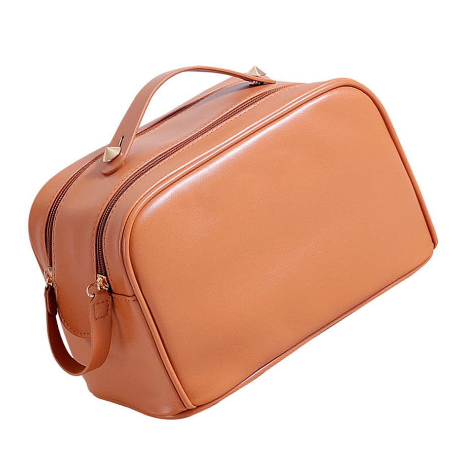 Double Zipper Makeup Bag Waterproof PU Leather Large Capacity Multifunction Portable Large Travel Cosmetic Bag Brown