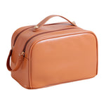 Double Zipper Makeup Bag Waterproof PU Leather Large Capacity Multifunction Portable Large Travel Cosmetic Bag Brown