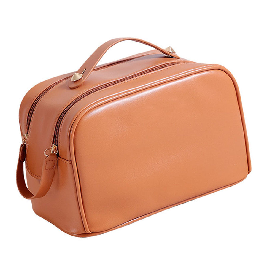 Double Zipper Makeup Bag Waterproof PU Leather Large Capacity Multifunction Portable Large Travel Cosmetic Bag Brown