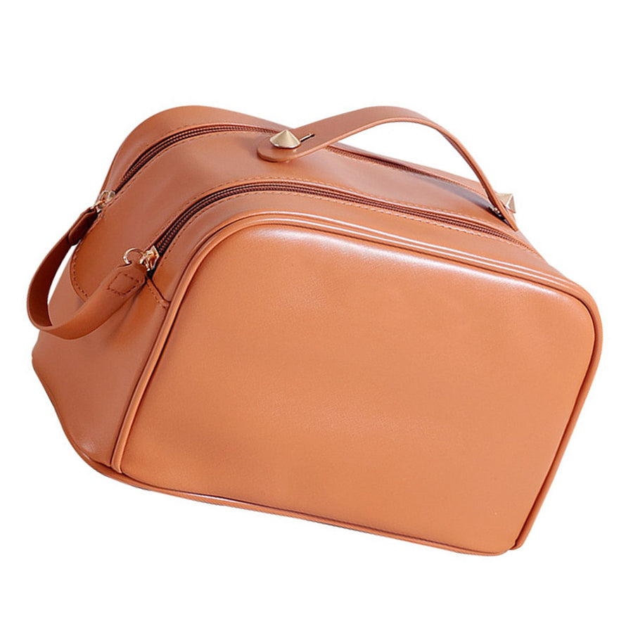 Double Zipper Makeup Bag Waterproof PU Leather Large Capacity Multifunction Portable Large Travel Cosmetic Bag Brown
