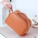 Double Zipper Makeup Bag Waterproof PU Leather Large Capacity Multifunction Portable Large Travel Cosmetic Bag Brown