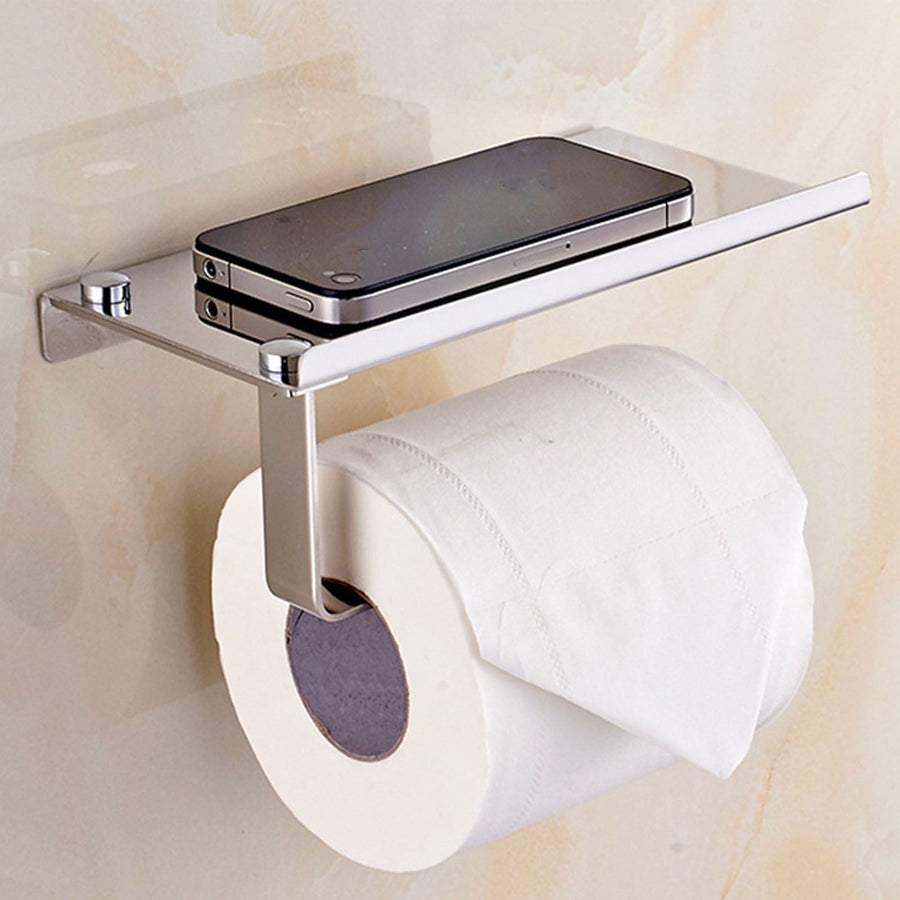 Toilet Paper Holder No Drilling Wall Mount Bathroom Paper Holder with Phone Shelf for Home Hotel 304 Stainless Steel Mirror Surface