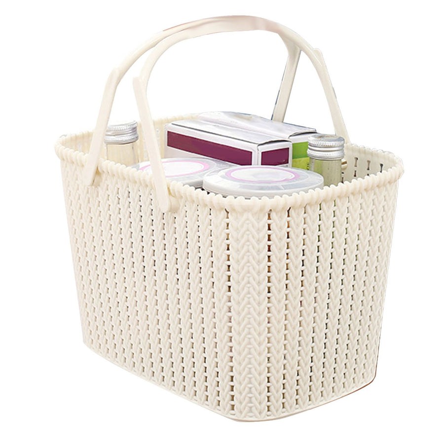 Imitation Rattan Woven Basket Plastic Handheld Fruit Storage Basket Beige for Home