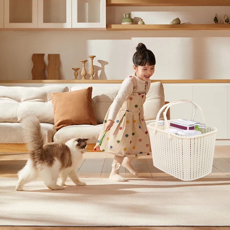 Imitation Rattan Woven Basket Plastic Handheld Fruit Storage Basket Beige for Home