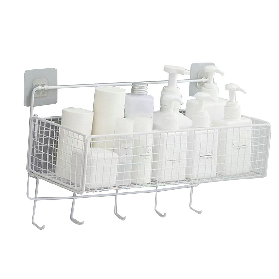 Wall Mount Storage Basket Multifunctional Iron Wall Hanging Organizer Rack with Hook for Kitchen Bathroom White
