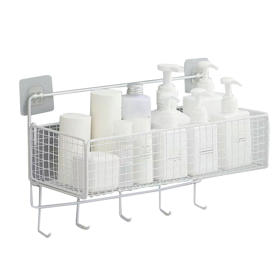 Wall Mount Storage Basket Multifunctional Iron Wall Hanging Organizer Rack with Hook for Kitchen Bathroom White
