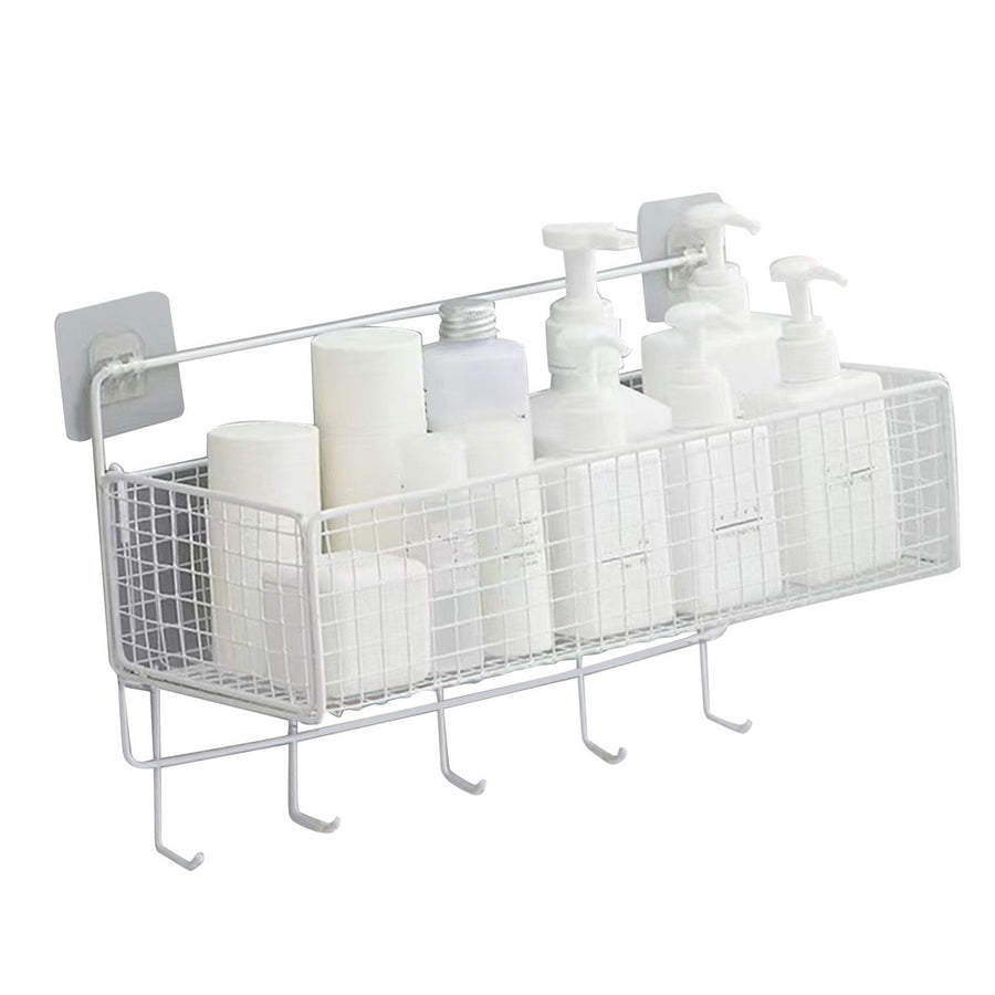 Wall Mount Storage Basket Multifunctional Iron Wall Hanging Organizer Rack with Hook for Kitchen Bathroom White
