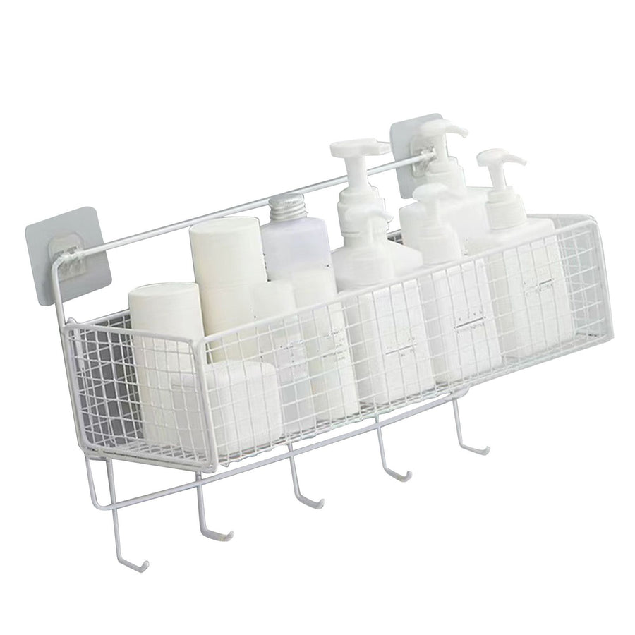 Wall Mount Storage Basket Multifunctional Iron Wall Hanging Organizer Rack with Hook for Kitchen Bathroom White