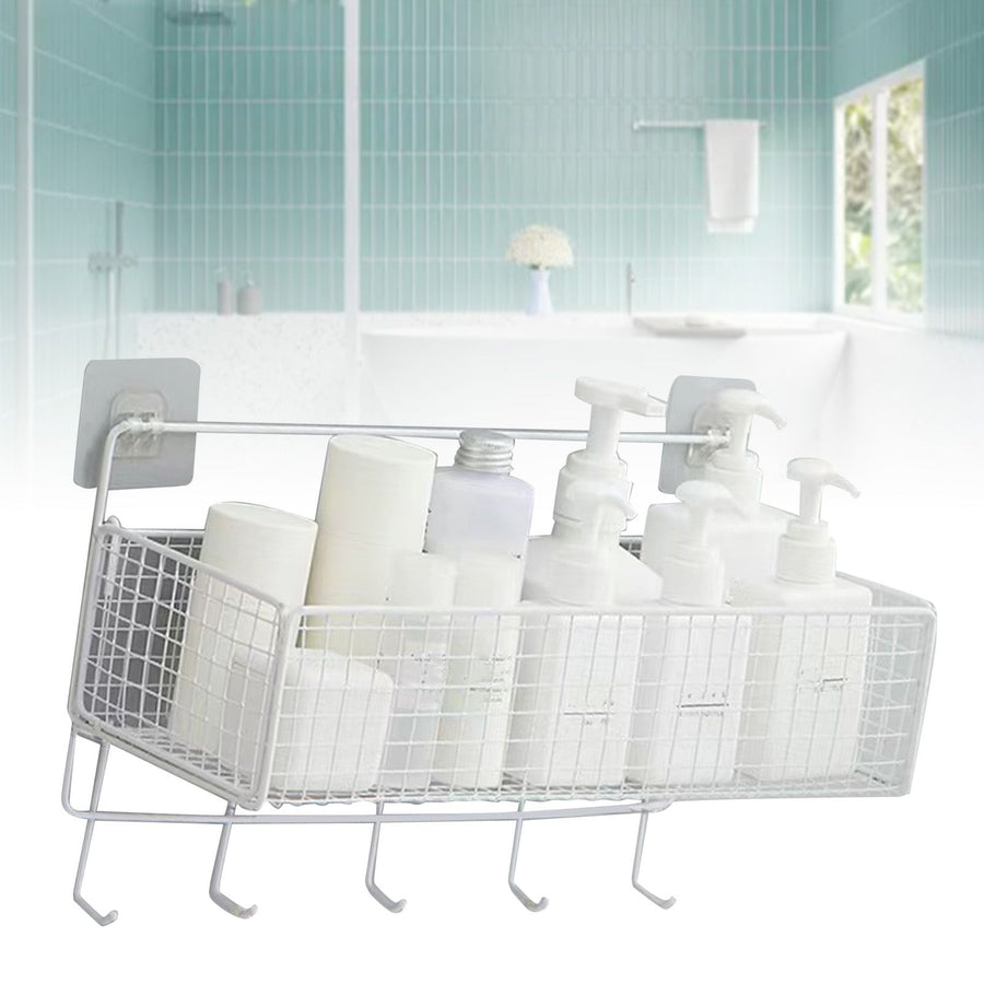 Wall Mount Storage Basket Multifunctional Iron Wall Hanging Organizer Rack with Hook for Kitchen Bathroom White