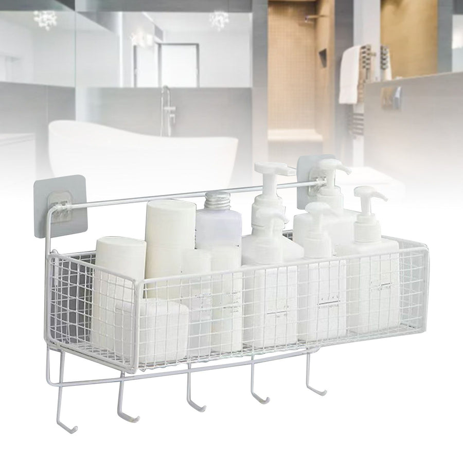 Wall Mount Storage Basket Multifunctional Iron Wall Hanging Organizer Rack with Hook for Kitchen Bathroom White