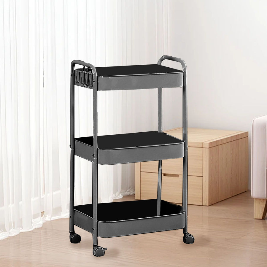 3 Tier Utility Rolling Cart with Caster Wheels Movable Multifunctional Storage Cart for Kitchen Bathroom Black 3 Layers