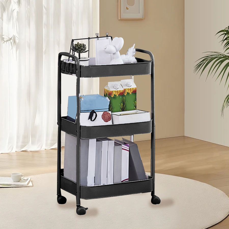 3 Tier Utility Rolling Cart with Caster Wheels Movable Multifunctional Storage Cart for Kitchen Bathroom Black 3 Layers