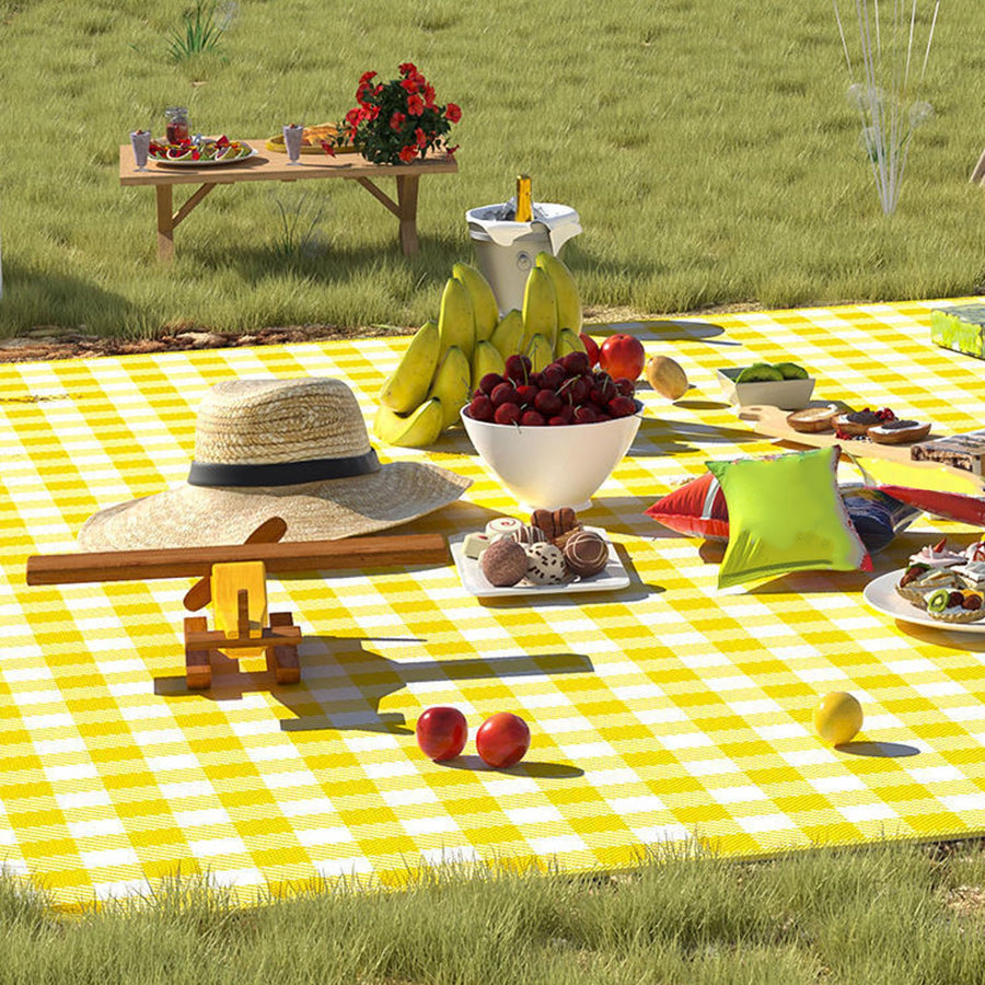Outdoor Picnic Blanket Thick Non Woven Foldable Beach Mat for Spring Summer Camping Yellow Grid 150x200cm