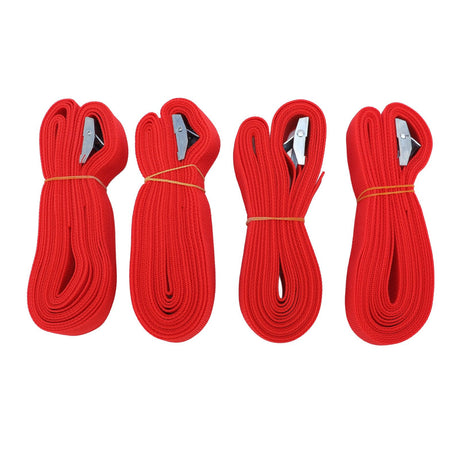Set of 4 red heavy duty adjustable polyester luggage straps with buckles, straps securing a suitcase