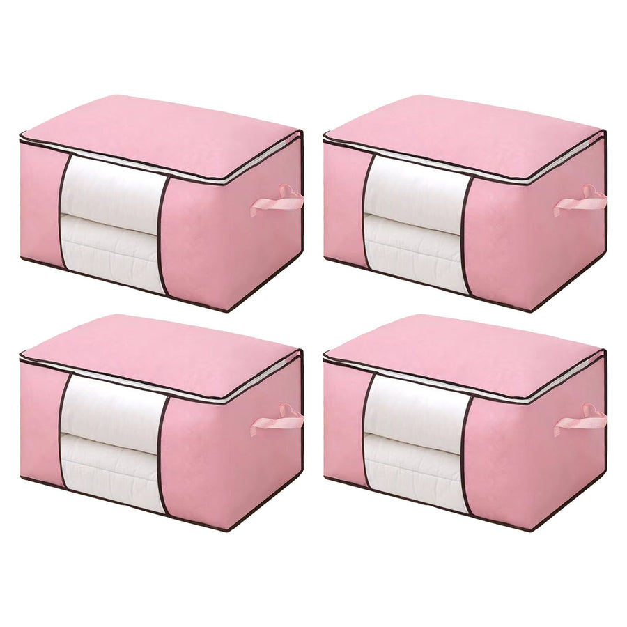 Clothes Storage Bags Fabric Foldable Blanket Storage Container Closet Organizer with Clear Window Reinforced Handle for Clothing Bedding 4PCS Pink