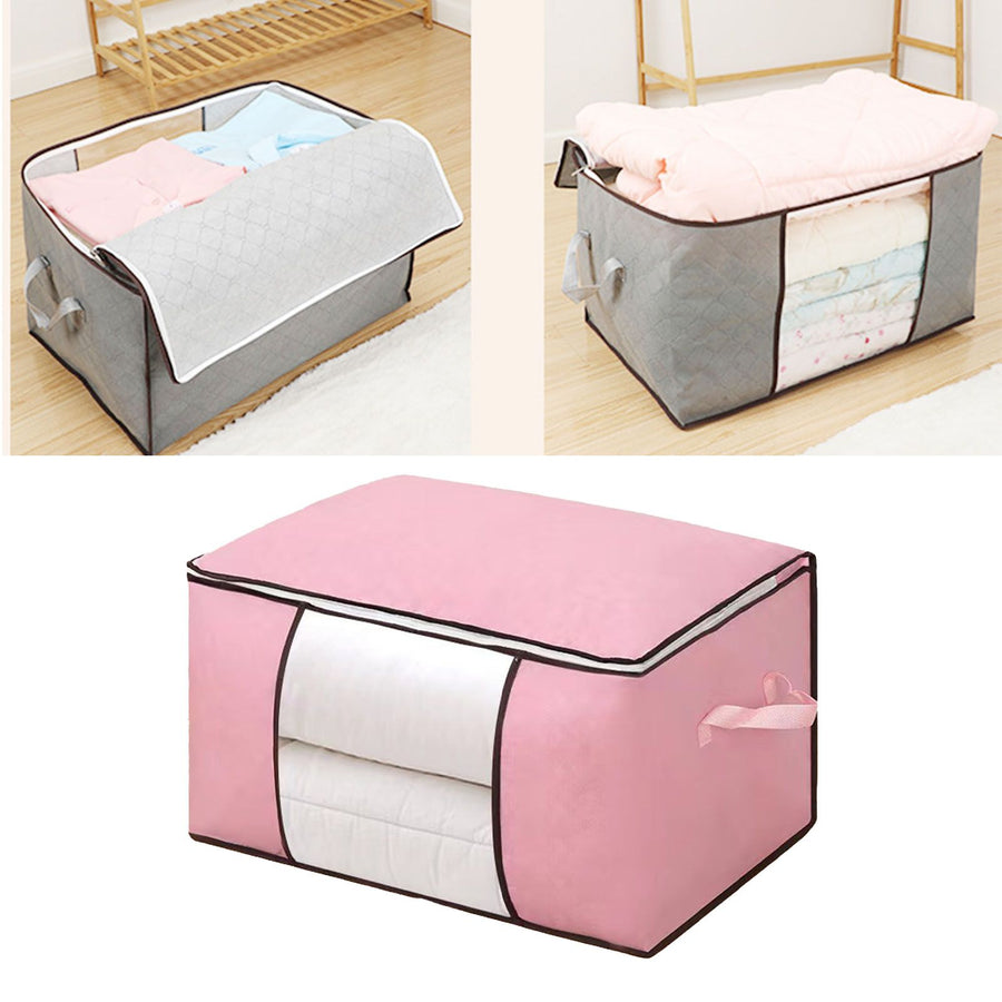 Clothes Storage Bags Fabric Foldable Blanket Storage Container Closet Organizer with Clear Window Reinforced Handle for Clothing Bedding 4PCS Pink
