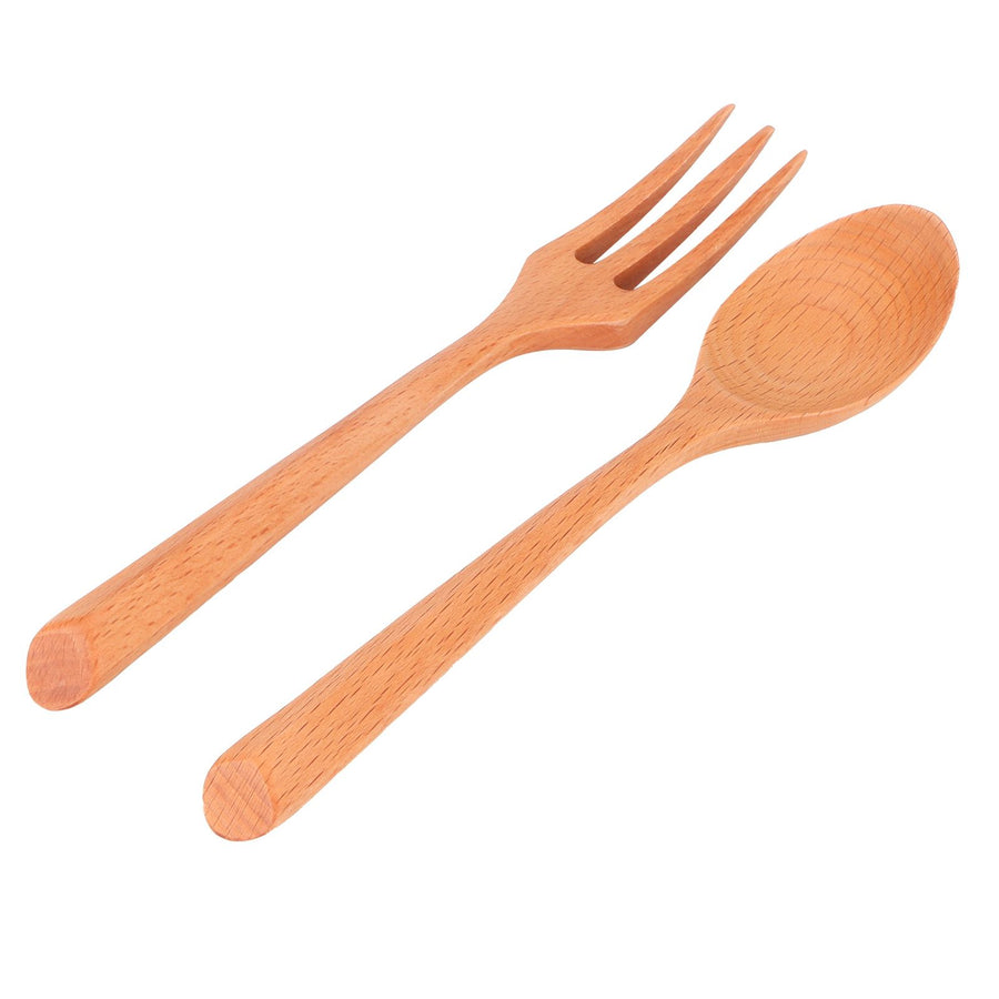 2Pcs/Set Heat Resistance Wood Fork and Spoon Durable Kitchen Utensil for Home Restaurant OfficeBeech Wood
