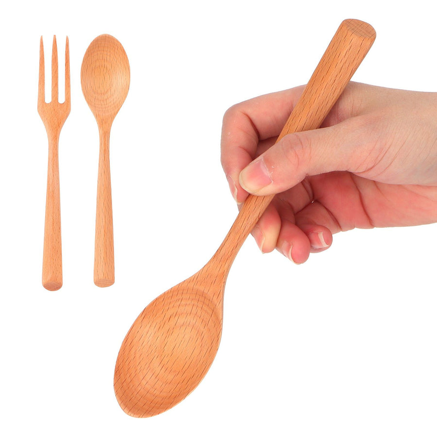 2Pcs/Set Heat Resistance Wood Fork and Spoon Durable Kitchen Utensil for Home Restaurant OfficeBeech Wood