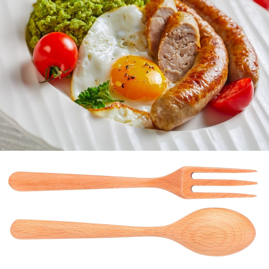 2Pcs/Set Heat Resistance Wood Fork and Spoon Durable Kitchen Utensil for Home Restaurant OfficeBeech Wood