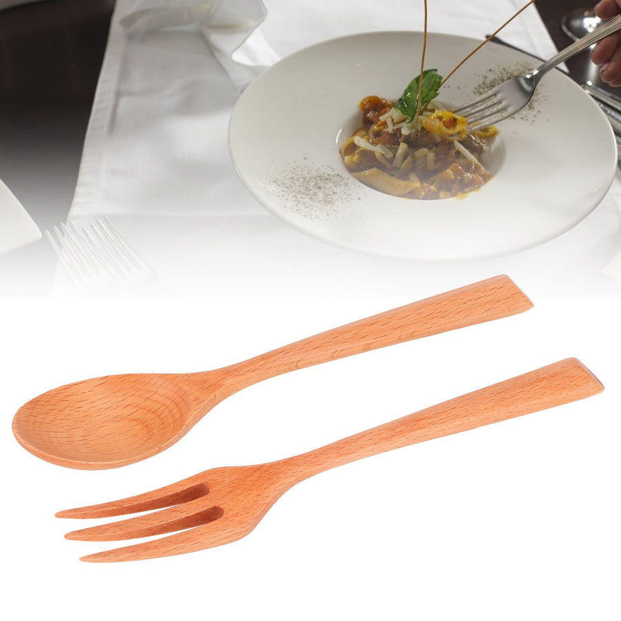 2Pcs/Set Heat Resistance Wood Fork and Spoon Durable Kitchen Utensil for Home Restaurant OfficeBeech Wood