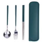 3Pcs/Set Stainless Steel Paint Tableware Set Chopstick Spoon Fork Kit for Kitchen OfficeGreen Silver