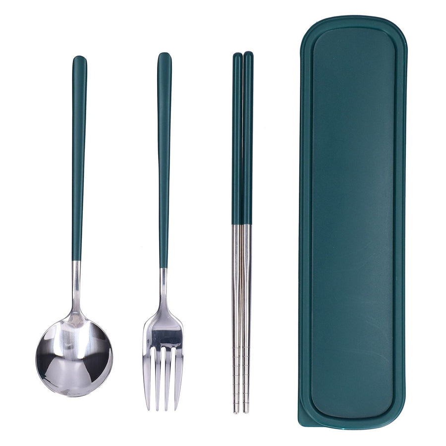3Pcs/Set Stainless Steel Paint Tableware Set Chopstick Spoon Fork Kit for Kitchen OfficeGreen Silver