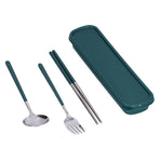 3Pcs/Set Stainless Steel Paint Tableware Set Chopstick Spoon Fork Kit for Kitchen OfficeGreen Silver