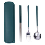 3Pcs/Set Stainless Steel Paint Tableware Set Chopstick Spoon Fork Kit for Kitchen OfficeGreen Silver