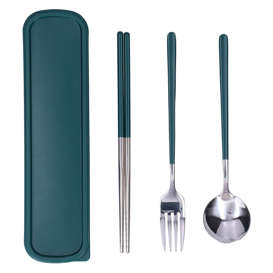 3Pcs/Set Stainless Steel Paint Tableware Set Chopstick Spoon Fork Kit for Kitchen OfficeGreen Silver