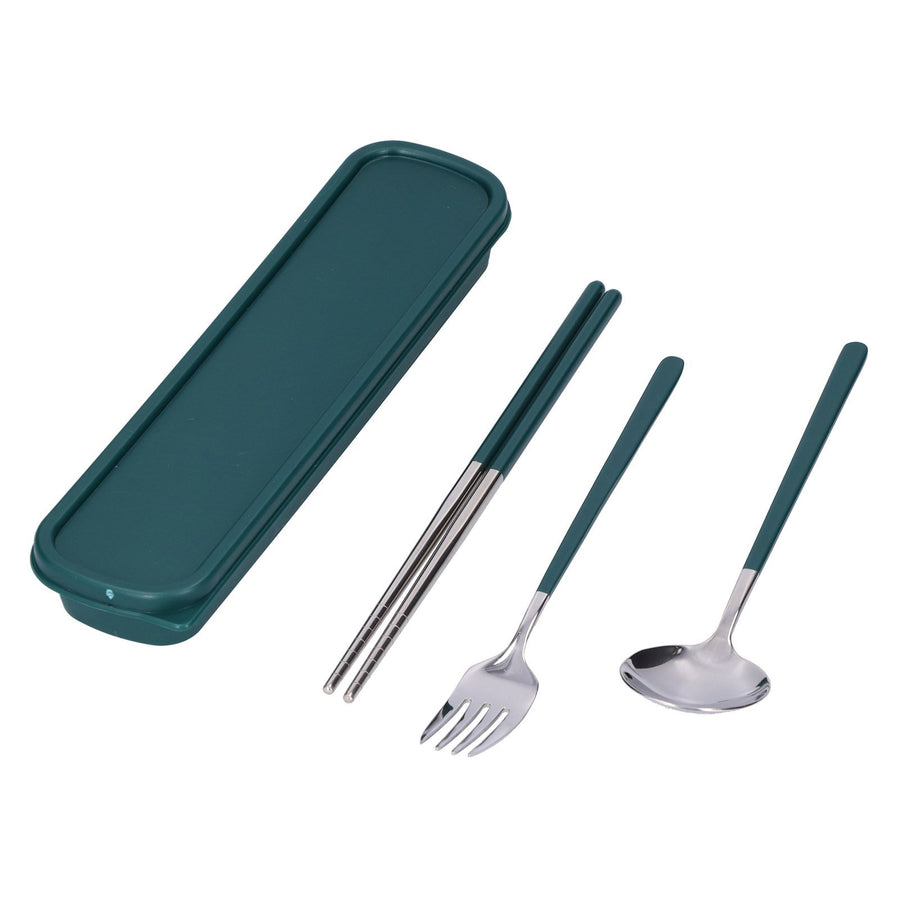 3Pcs/Set Stainless Steel Paint Tableware Set Chopstick Spoon Fork Kit for Kitchen OfficeGreen Silver