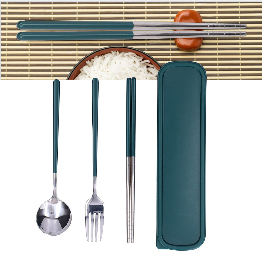 3Pcs/Set Stainless Steel Paint Tableware Set Chopstick Spoon Fork Kit for Kitchen OfficeGreen Silver