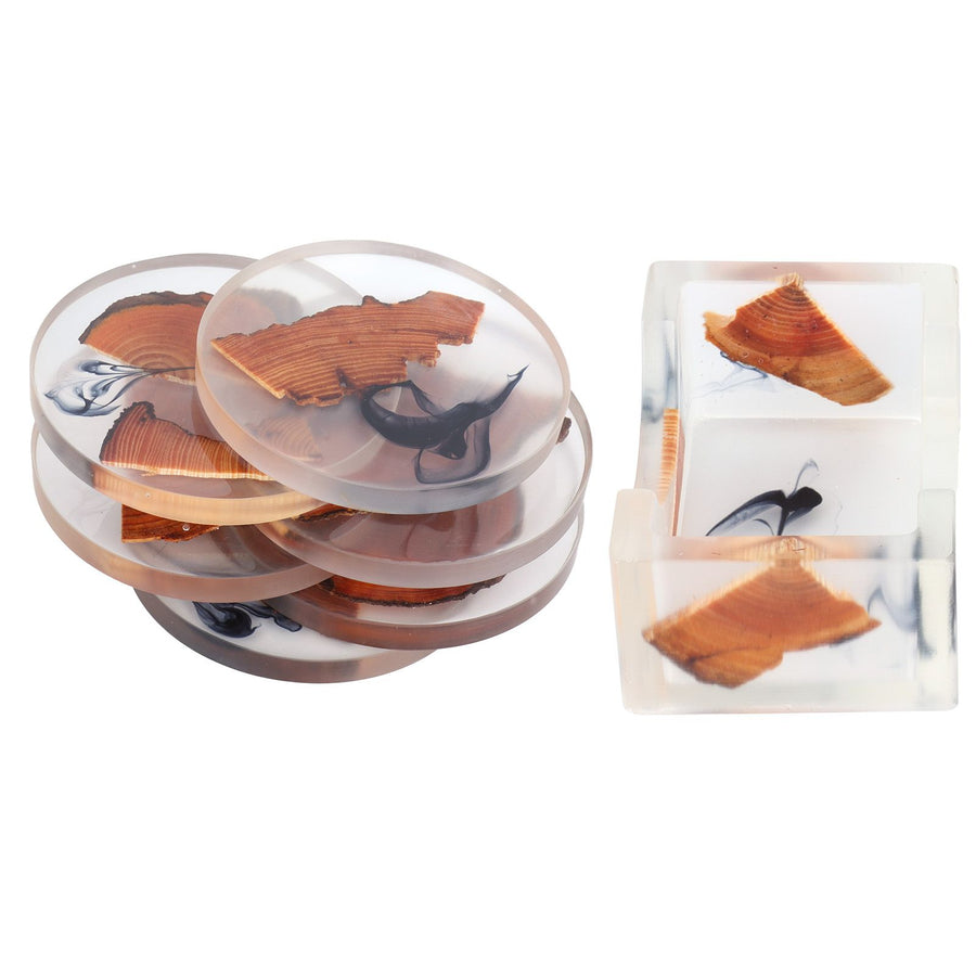 6Pcs Drink Coasters Rack Set Heat Insulation Pine Wood Resin Cup Pad Tabletop Protection(Round Coaster Rack )