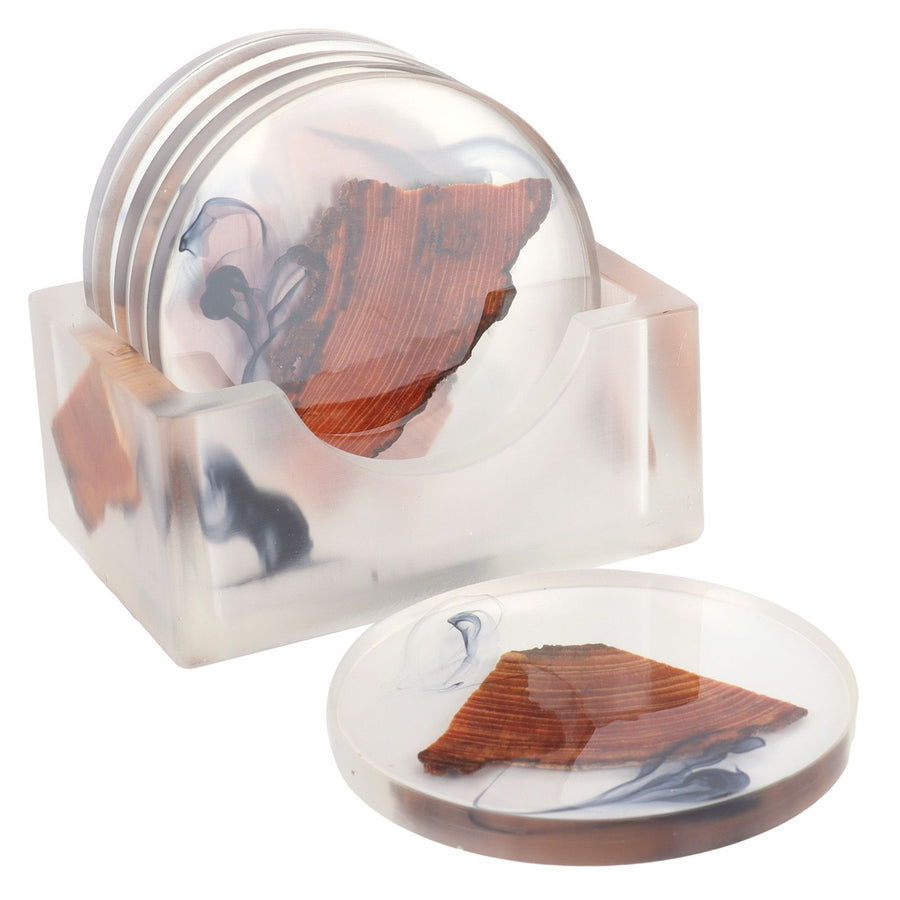 6Pcs Drink Coasters Rack Set Heat Insulation Pine Wood Resin Cup Pad Tabletop Protection(Round Coaster Rack )