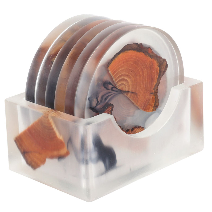 6Pcs Drink Coasters Rack Set Heat Insulation Pine Wood Resin Cup Pad Tabletop Protection(Round Coaster Rack )