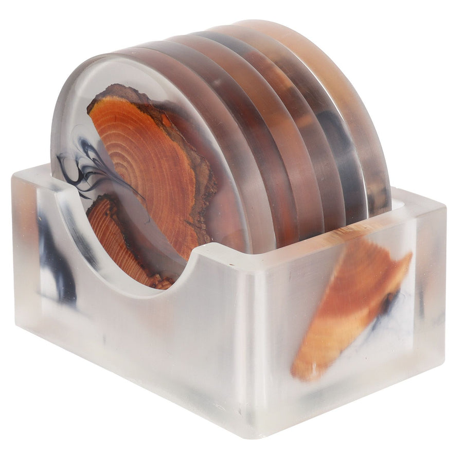 6Pcs Drink Coasters Rack Set Heat Insulation Pine Wood Resin Cup Pad Tabletop Protection(Round Coaster Rack )