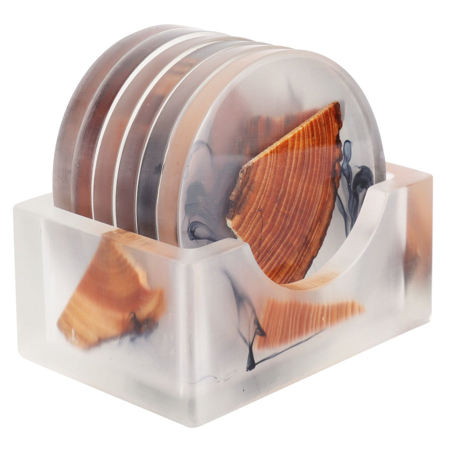6Pcs Drink Coasters Rack Set Heat Insulation Pine Wood Resin Cup Pad Tabletop Protection(Round Coaster Rack )