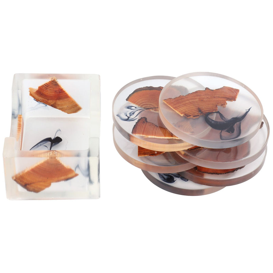 6Pcs Drink Coasters Rack Set Heat Insulation Pine Wood Resin Cup Pad Tabletop Protection(Round Coaster Rack )