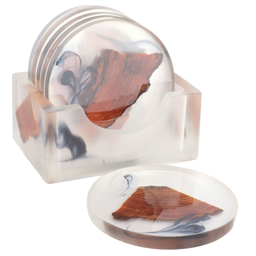 6Pcs Drink Coasters Rack Set Heat Insulation Pine Wood Resin Cup Pad Tabletop Protection(Round Coaster Rack )