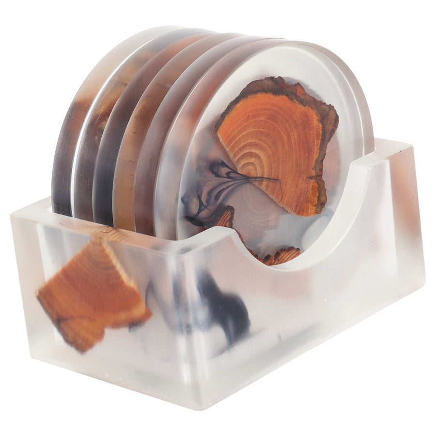 6Pcs Drink Coasters Rack Set Heat Insulation Pine Wood Resin Cup Pad Tabletop Protection(Round Coaster Rack )