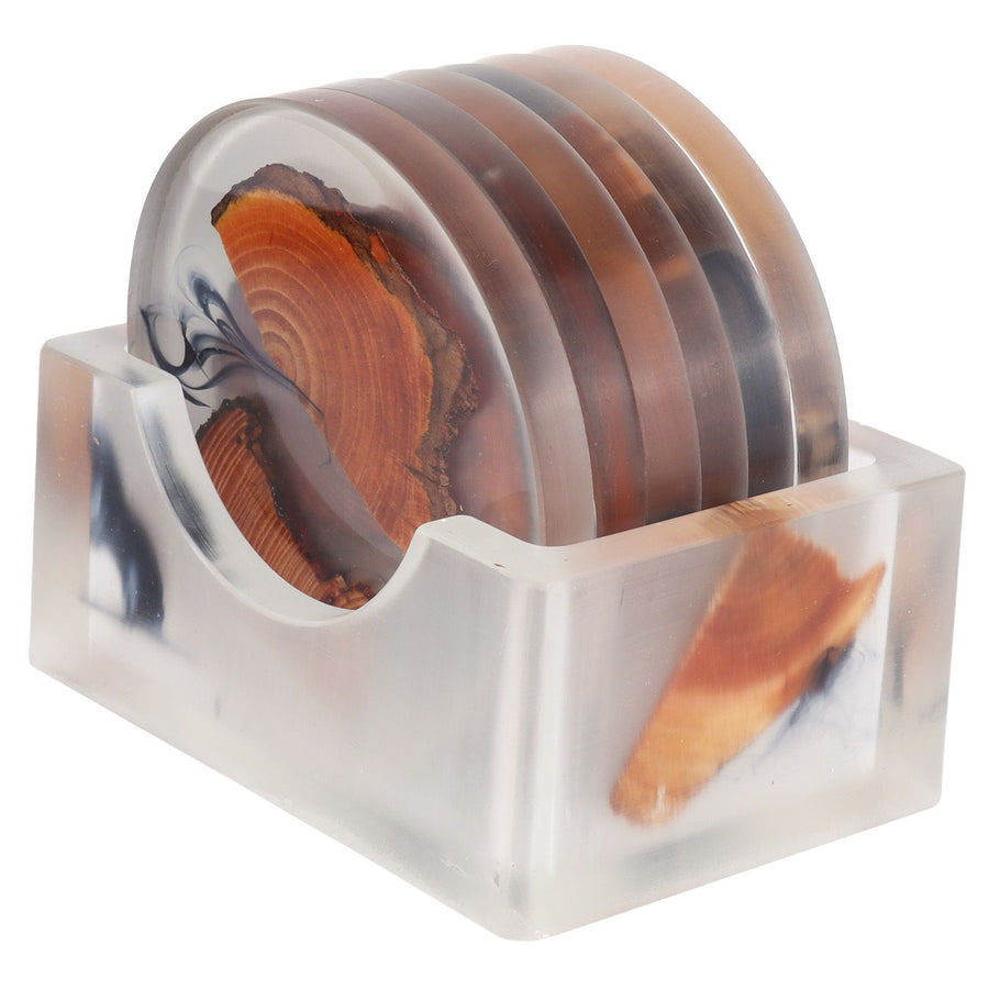 6Pcs Drink Coasters Rack Set Heat Insulation Pine Wood Resin Cup Pad Tabletop Protection(Round Coaster Rack )