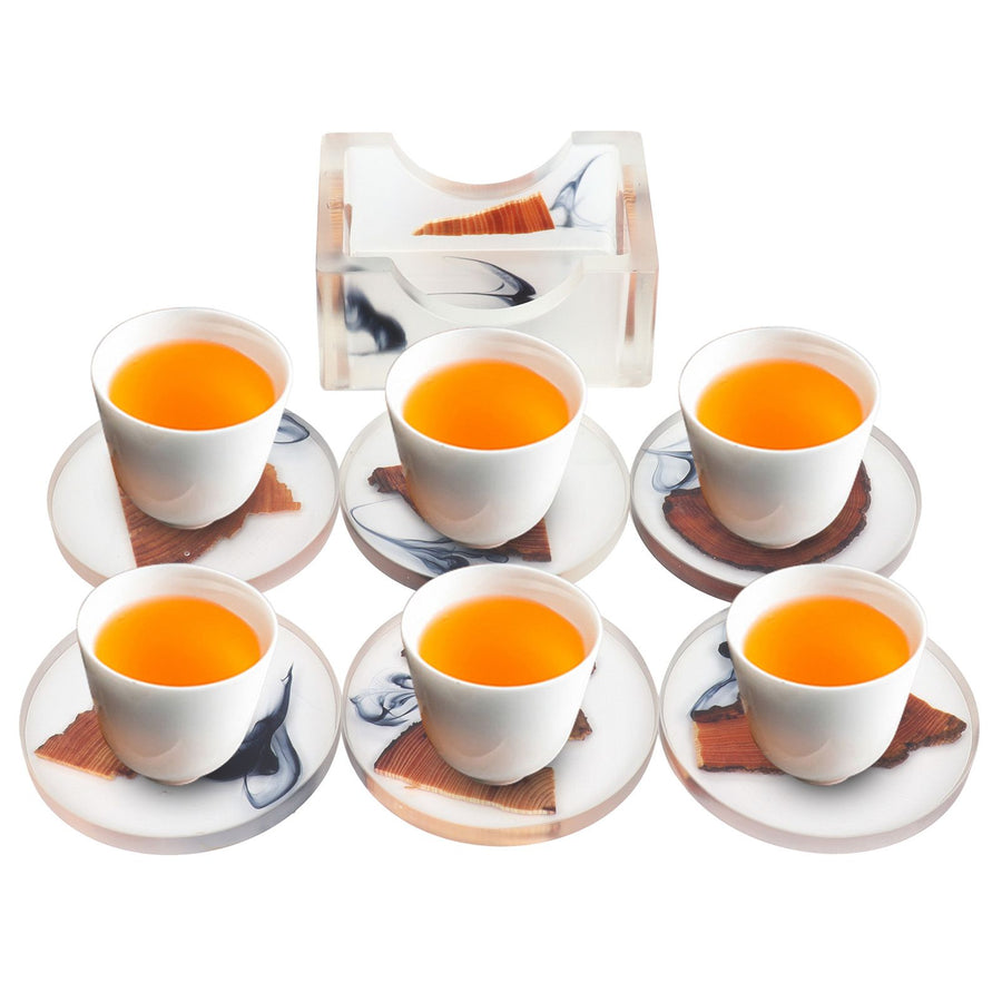 6Pcs Drink Coasters Rack Set Heat Insulation Pine Wood Resin Cup Pad Tabletop Protection(Round Coaster Rack )