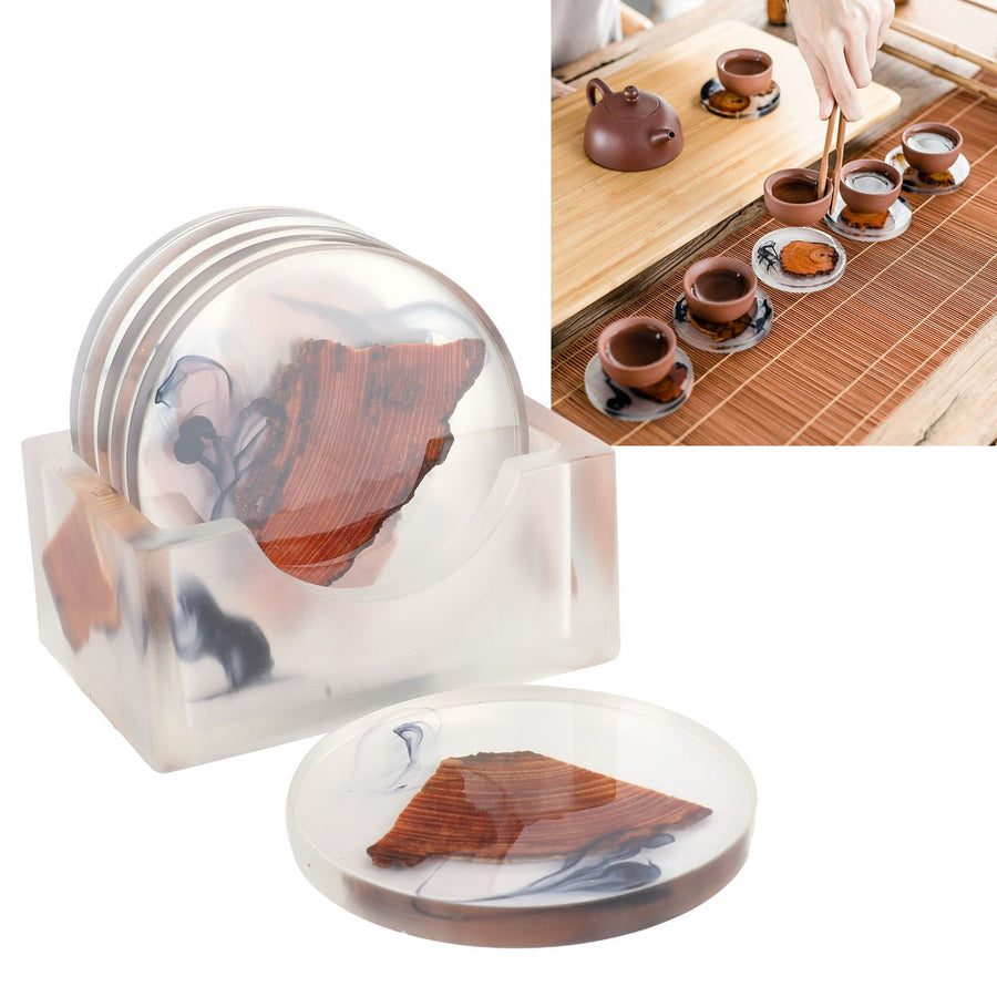 6Pcs Drink Coasters Rack Set Heat Insulation Pine Wood Resin Cup Pad Tabletop Protection(Round Coaster Rack )