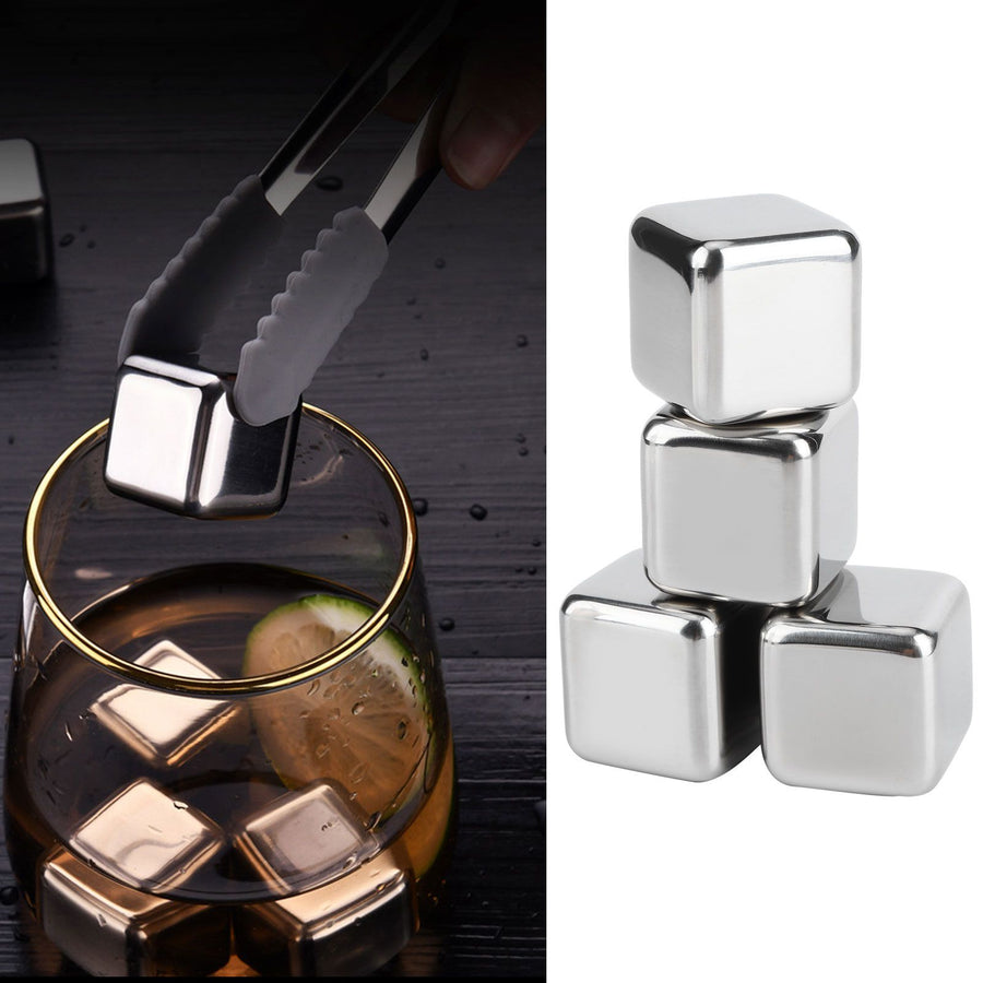 Stainless Steel Ice Cubes Reusable Whiskey Wine Chilling Stones with Ice Tong Storage Box4Pcs