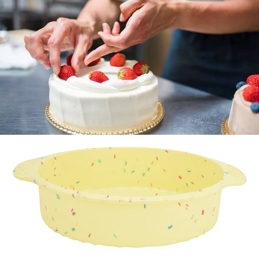 Round Cake Mold Pan NonStick Reusable Baking Pan with Handles Home Kitchen Bakeware(Yellow with Color Particle )