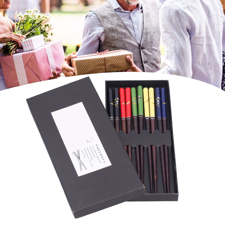 Wood Chopsticks 5 Pairs Reusable NonSlip Wooden Chopstick Household Tableware Utensils(Color Box Packing )