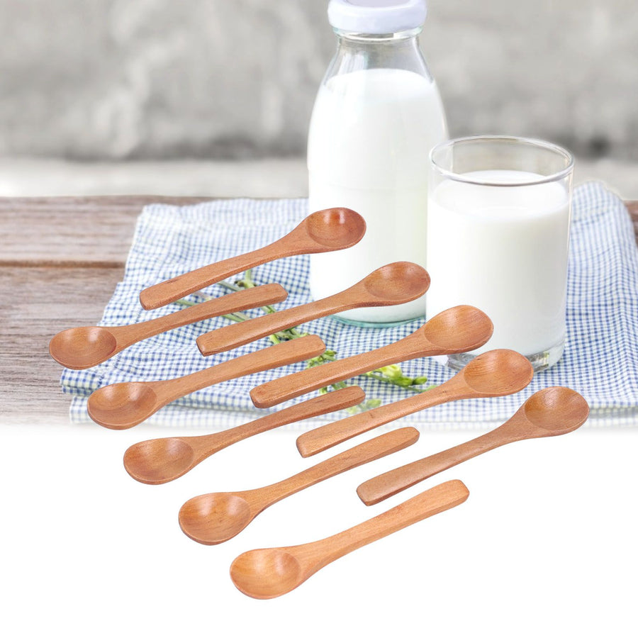 10pcs Wooden Spoon Children's Tableware Mini Round Seasoning Spoon with Long Handle for Kitchen5.1x1.2in