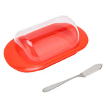 Round Edge Plastic Butter Storage Box Cheese Dessert Bread Container with Transparent Lid KnifeRed