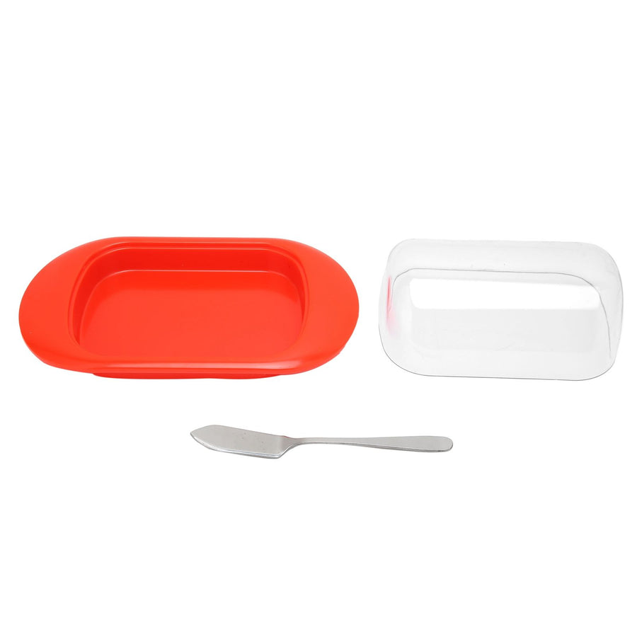Round Edge Plastic Butter Storage Box Cheese Dessert Bread Container with Transparent Lid KnifeRed