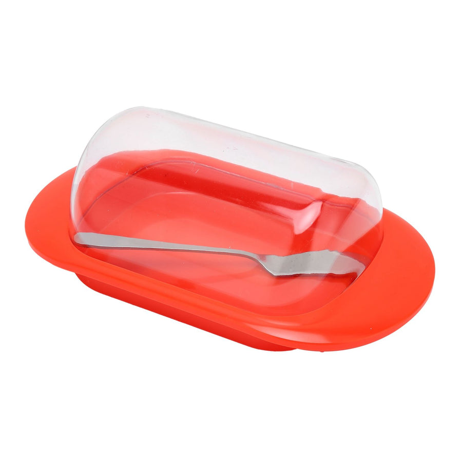 Round Edge Plastic Butter Storage Box Cheese Dessert Bread Container with Transparent Lid KnifeRed